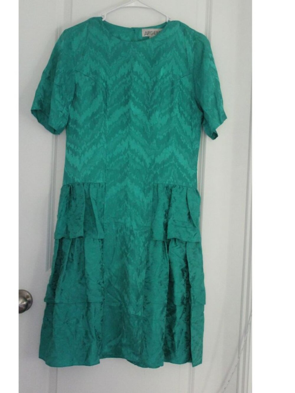 Argenti Dress Vintage Green Raw Silk  Mini Dress Drop Waist Layered Pleated 6P